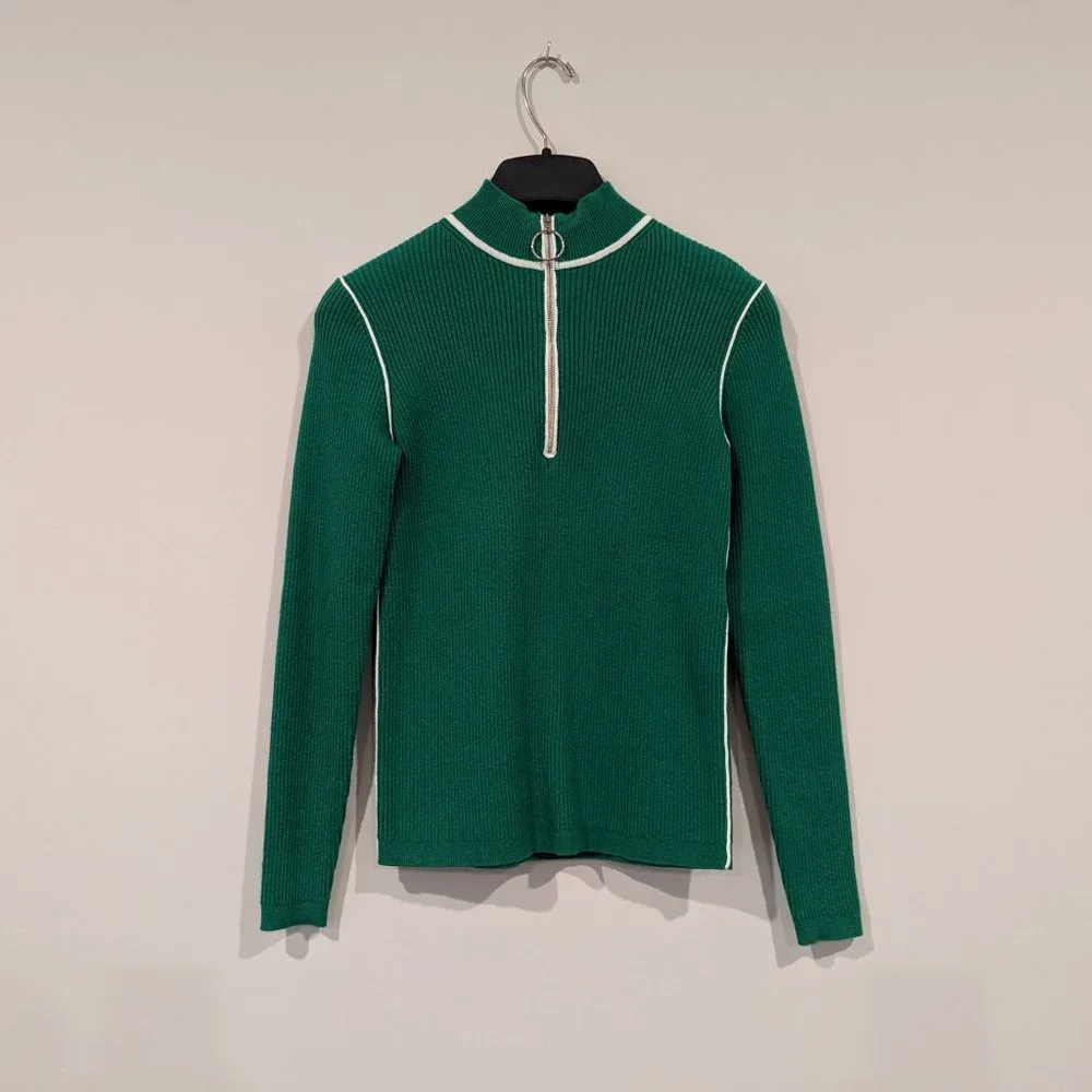 Maje | Emerald Green Ribbed Knit Sweater with Trucker Collar - XS